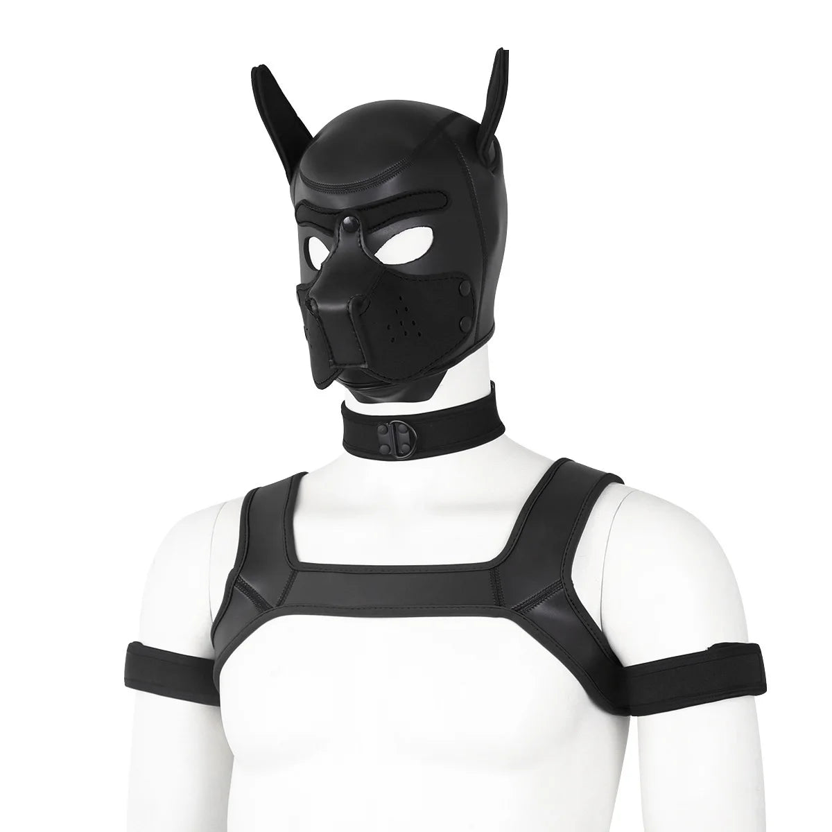 Large Size Puppy Cosplay Neoprene Fetish Hood Mask Kit with Chest Strap Collar Armband Sex Costumes for Bdsm Slave Role Play