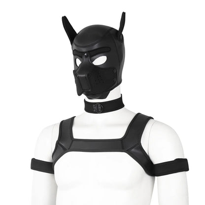 Large Size Puppy Cosplay Neoprene Fetish Hood Mask Kit with Chest Strap Collar Armband Sex Costumes for Bdsm Slave Role Play