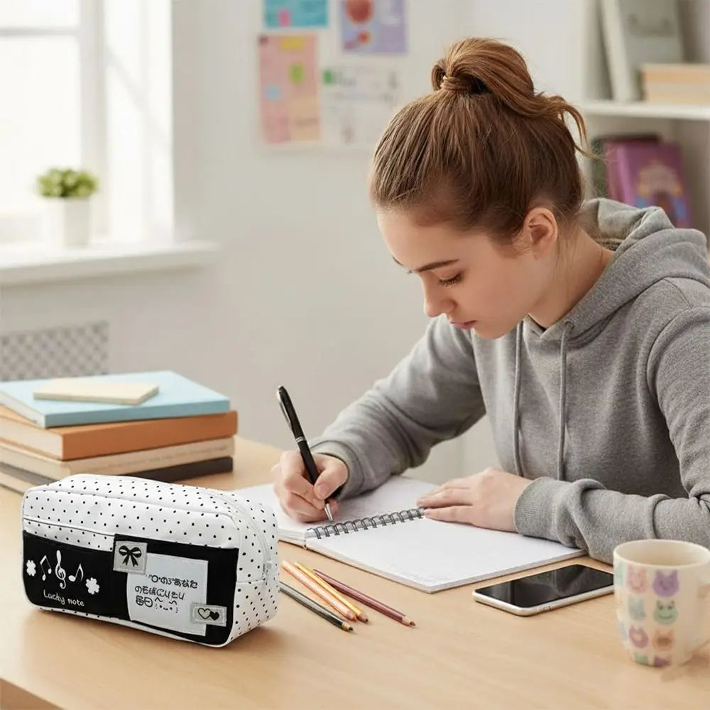 Multi-functional Black Polka Dot Pen Bag Large Capacity Multi-layer Pencil Case Portable Stationery Pouch Back To School