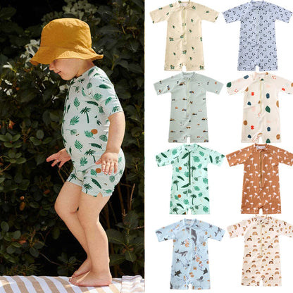 Baby Toddler One-piece Swimsuit With Hat Cartoon Print Kids Short Sleeve Zipper Swimwear Sun Protection For 0-7Y Boys Girls