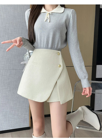 Autumn Winter Tweed Skirts Shorts Women Fashion Streetwear Cross Irregular Booty Shorts Pink Black Culottes Wide Leg Short Pants