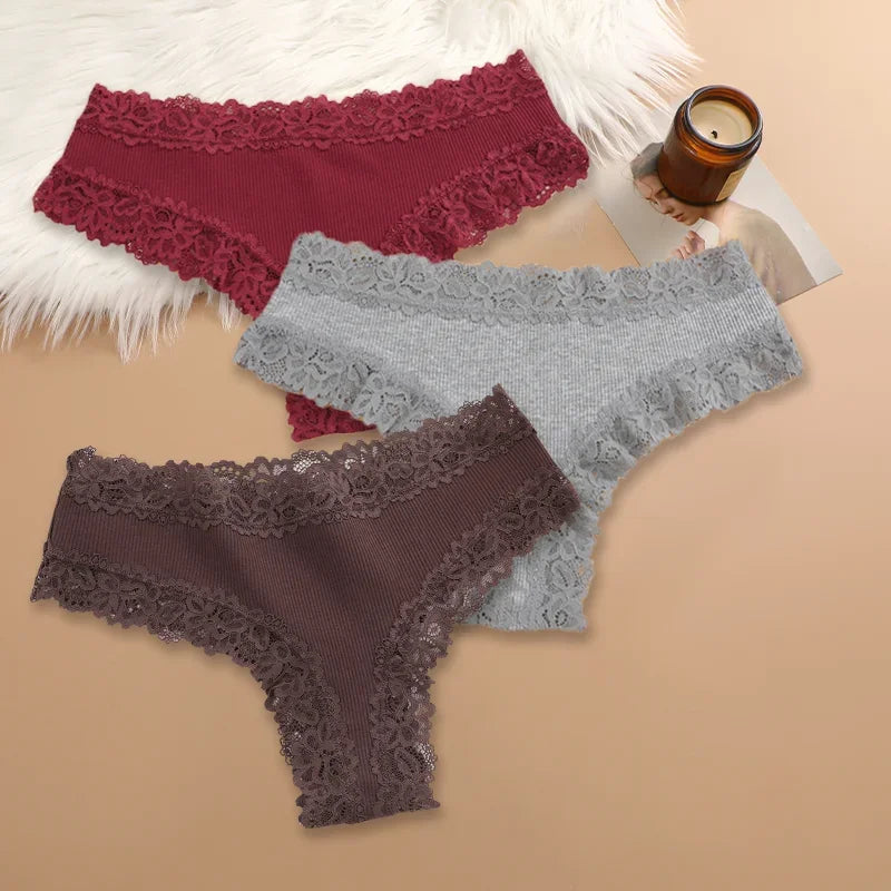 3Pcs/set Women Cotton Lace Panties Floral Intimate Underwear Trendy Patchwork Lace Briefs Female Soft Underpants Lingerie S-XL