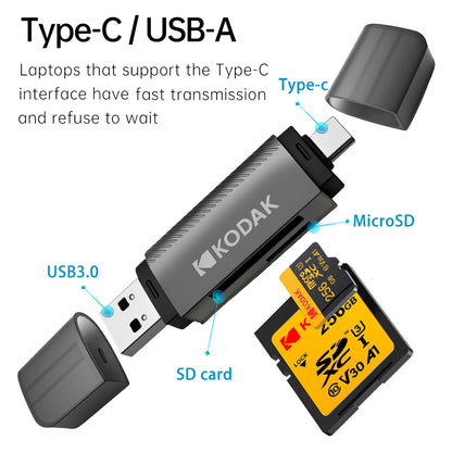 Kodak 4 in 1 Card Reader USB3.0 & Type C Universal Card Adapter Multifunctional adapter for SD Card & Micro sd Card