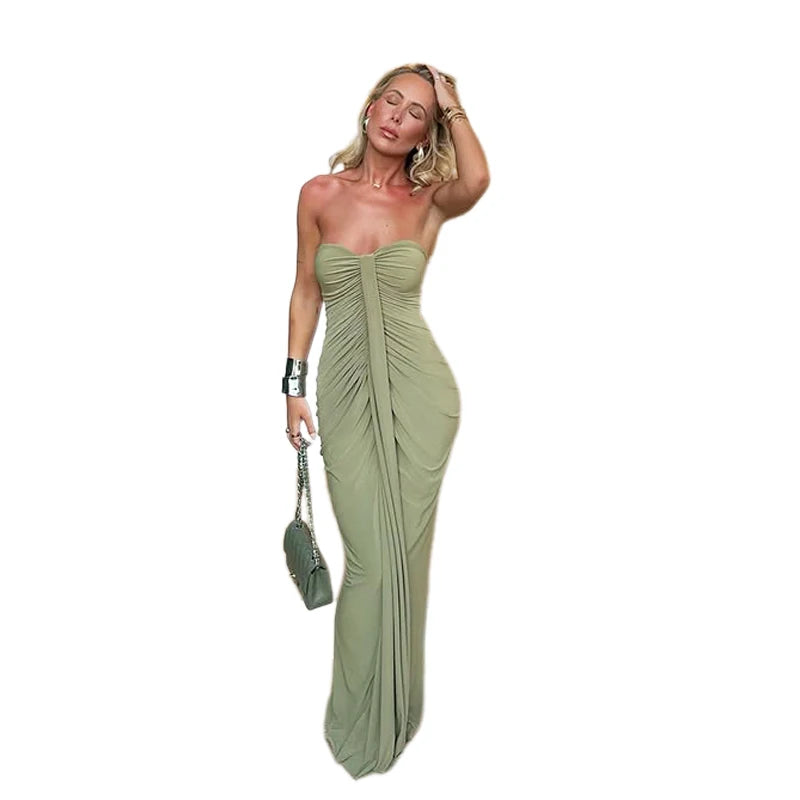 Weird Puss Strapless Dress Women Classic Patchwork Ribbon Ruched Sexy Elegant Birthday Party Skinny Stretch Clubwear Bodycon
