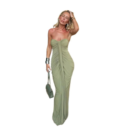 Weird Puss Strapless Dress Women Classic Patchwork Ribbon Ruched Sexy Elegant Birthday Party Skinny Stretch Clubwear Bodycon