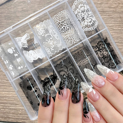 10 Rolls 4x50CM Black White Lace Transfer Nail Sticker Sexy Flower Lace Nail Art Transfer Foils Paper for DIY Manicure Decals*@#
