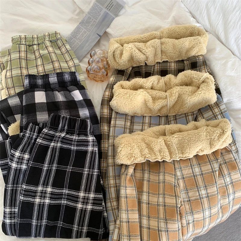 JMPRS Fashion Warm Plush Pants Thick Plaid Women Casual Loose Wide Leg Trousers Korean Streetwear Straight Student Pants New