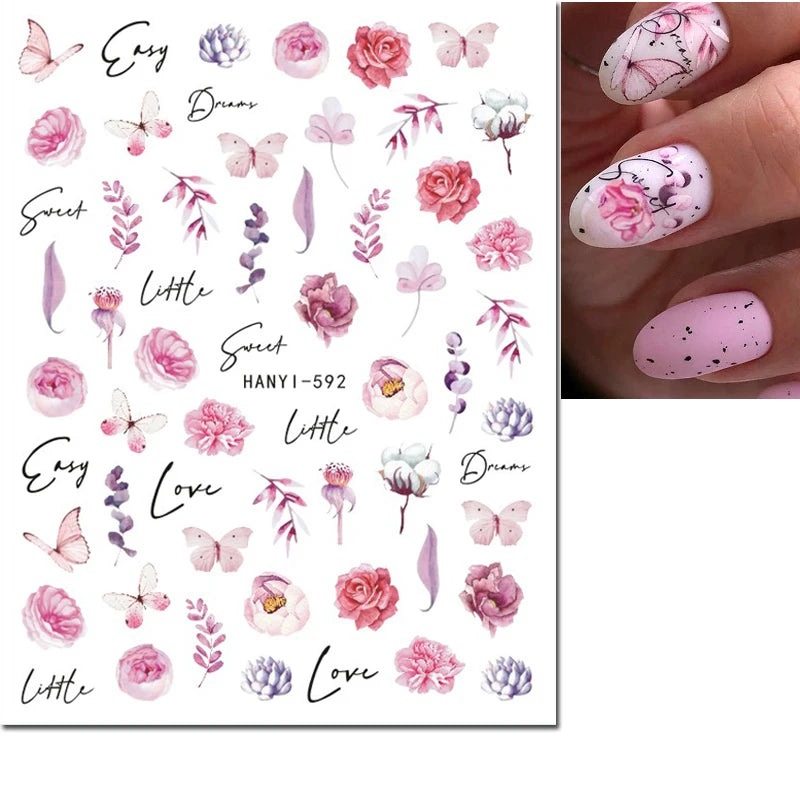 3d Nail Art Decals Elegant White RoyalBlue Roses Flowers Adhesive Sliders Nail Stickers Decoration For Nail Manicure