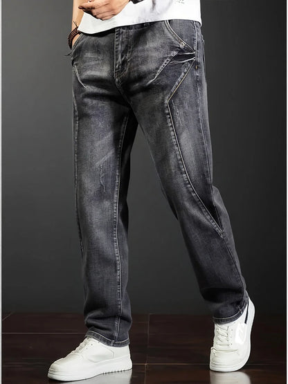 Men's New Straight Leg Stretchable Jeans Casual Pants with Personality Design Comfortable Fit Modern Style