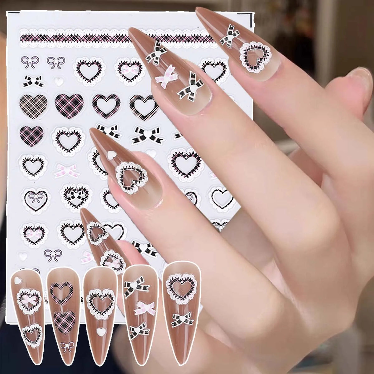 Sweet Bowknot Black Lace Heart Nail Stickers 3D Self Adhesive Nail Art Stickers Japanese Cool Girls Manicure Decorations Decals