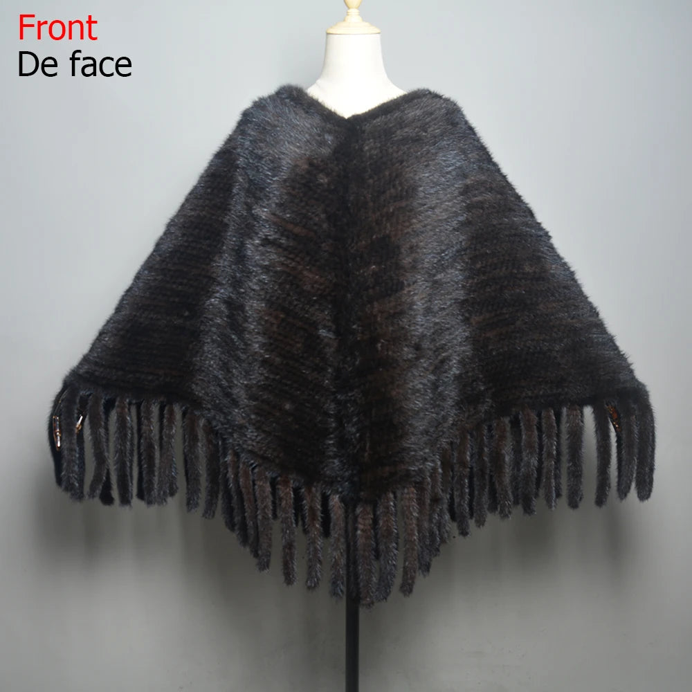Fashion Women Fur Shawl Winter Knitted Real Mink Fur Stole With Fur Hood Knitted Mink Poncho Pashmina
