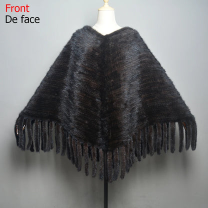 Fashion Women Fur Shawl Winter Knitted Real Mink Fur Stole With Fur Hood Knitted Mink Poncho Pashmina