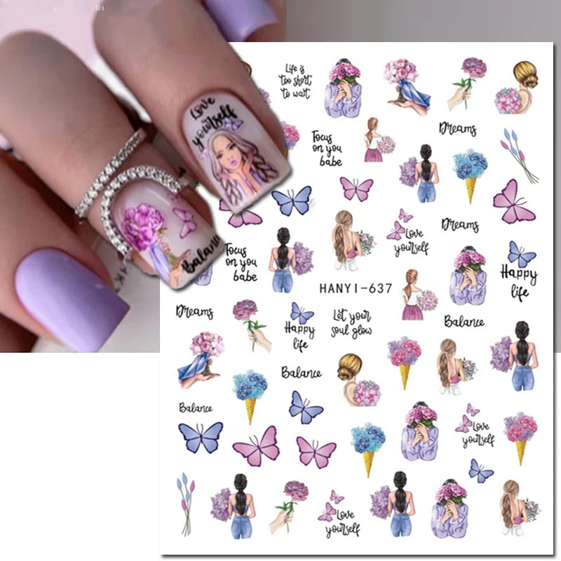 3d Nail Art Decals Elegant White RoyalBlue Roses Flowers Adhesive Sliders Nail Stickers Decoration For Nail Manicure