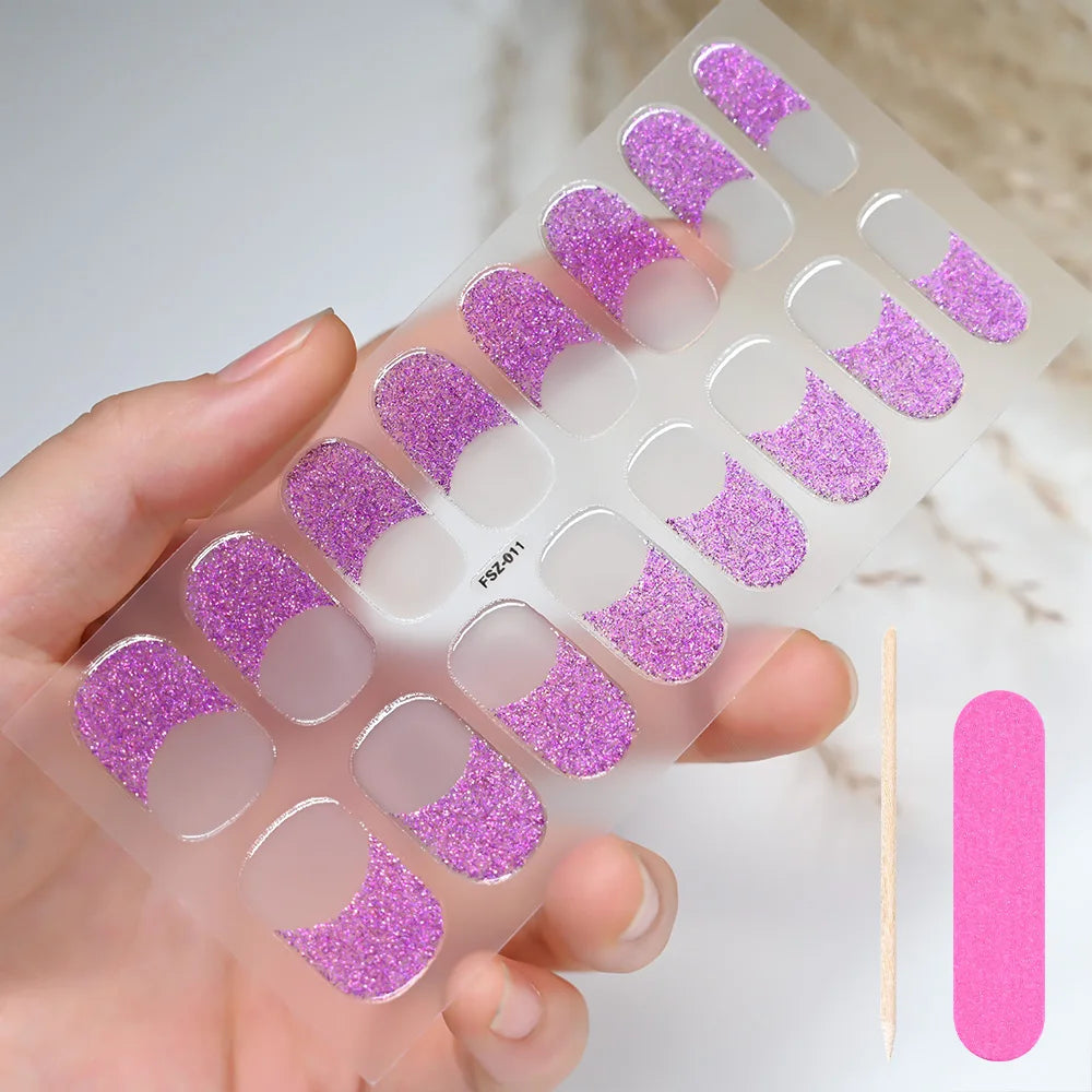 16Tips White French Semi-Cured Gel Nail Patch Sliders Full Cover Gel Nail Stickers For UV Lamp Adhesive Decals Manicure Patch #7