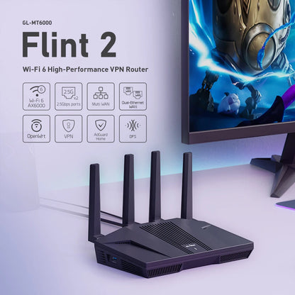 GL.iNet Flint 2 (GL-MT6000) home and office router, 8-Stream Wi-Fi 6 technology,OpenWrt,2.5G Ethernet ports,Parental control