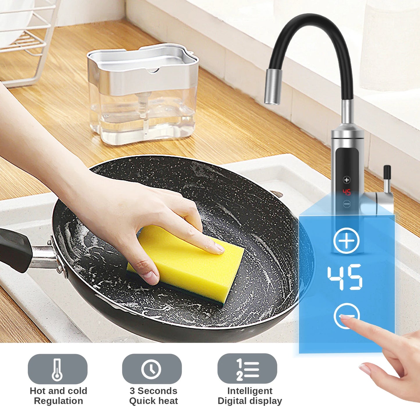 3000W Stainless Steel Electric Heating Tap, Electric Kitchen Tap Instantaneous Water Heater with LCD Temperature Display,360° Rotatable Hot Water Tap for Kitchen Bathroom