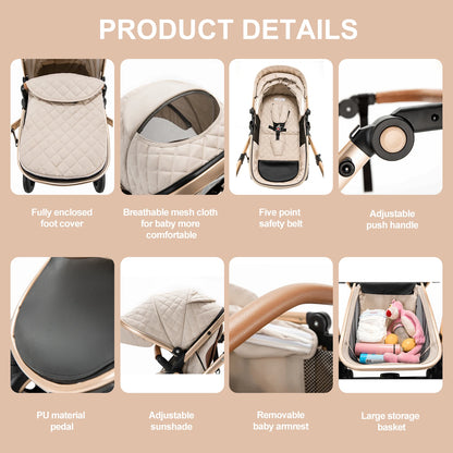 Baby Stroller 3 in 1 Easy Folding Multifunctional Stroller Travel Portable Baby Carriage Safety Seat EU Standard Aluminum Frame