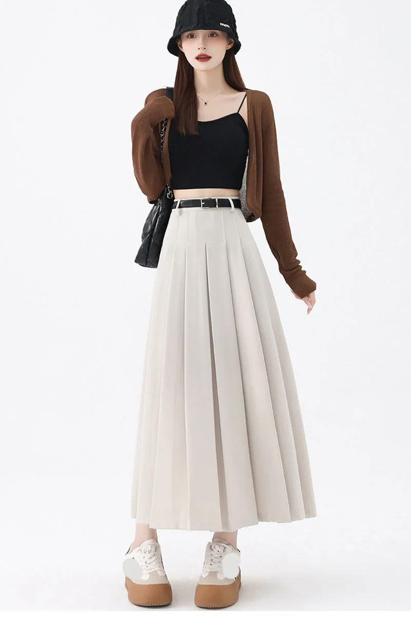 2026 New Women's Pleated Maxi Skirts Autumn High Waisted Zipper Jk Long Skirt Woman Elegant Loose Design Big Swing A-Line Skirts
