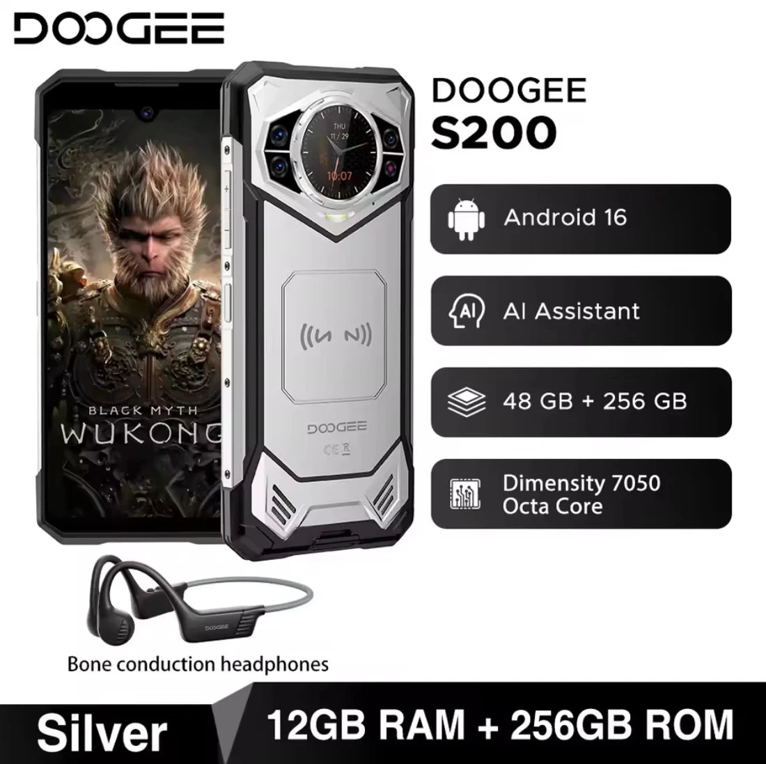 Global Version DOOGEE S200 5G Rugged Phone 6.72" 120Hz Display 12GB 256GB 100MP AI Main Camera 10100mAh Battery NFC Smartphone