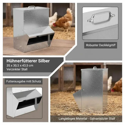 Galvanized Steel Chicken Feeder, Silver, 20 x 25 x 35 cm