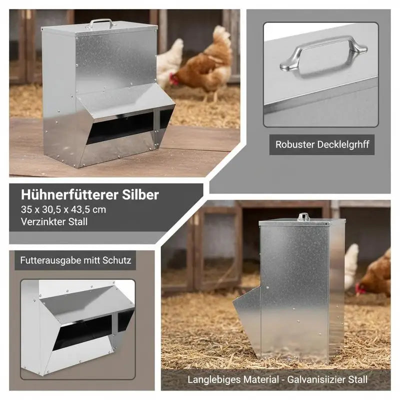 Galvanized Steel Chicken Feeder, Silver, 20 x 25 x 35 cm