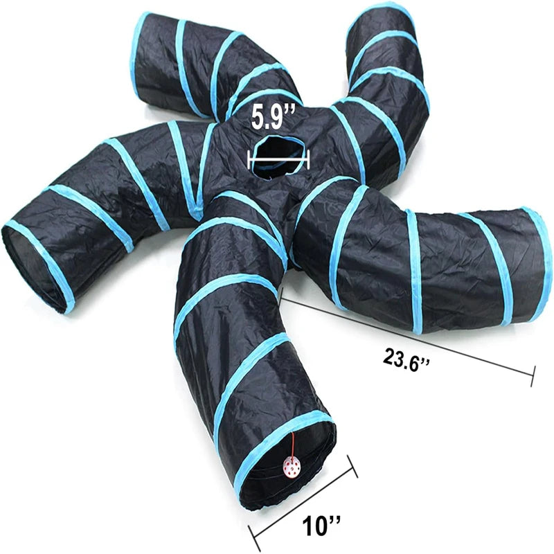 S-Shaped Play Tunnel with 5 Interactive Ways, Crinkle Paper & Peek-Through Holes, Tear-Resistant Polyester Fabric, Spring Steel Frame, Foldable Portable for Cats Rabbits Ferrets, Hiding Chasing Hunting Enrichment Toy, Pet Act