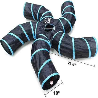 S-Shaped Play Tunnel with 5 Interactive Ways, Crinkle Paper & Peek-Through Holes, Tear-Resistant Polyester Fabric, Spring Steel Frame, Foldable Portable for Cats Rabbits Ferrets, Hiding Chasing Hunting Enrichment Toy, Pet Act