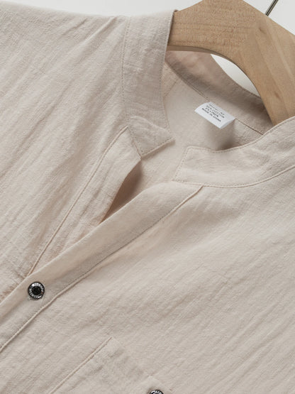 Men's Cotton Linen Short-Sleeve Shirt with Stand Collar & Half-Button Placket - Casual Outdoor Leisure Wear for Spring and Summe