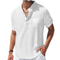 New Men's Casual Stand Up Collar Summer Solid Color Short Sleeve Linen Shirt Trendy Breathable Loose Youth Basic Pocket Top