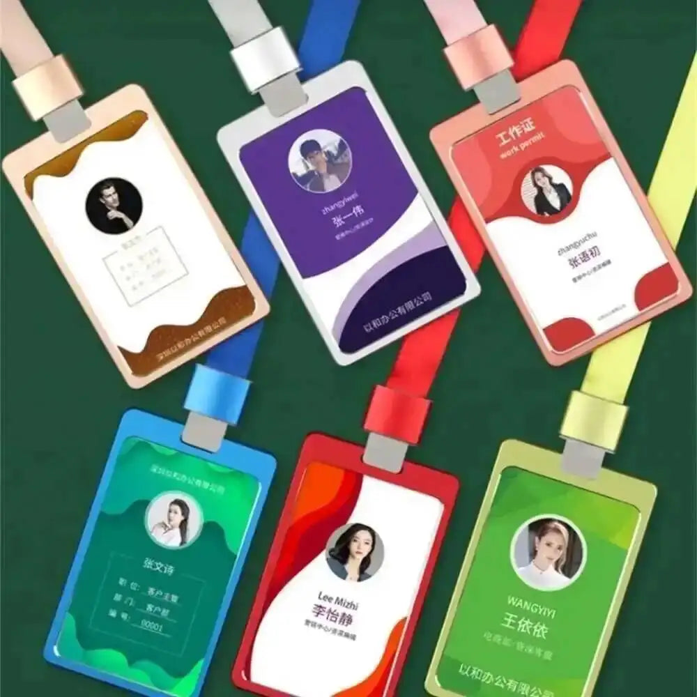 Office Supplies Luxury Metal Material Business Card Holder Credit Id Card Badge Holder With Exquisite Lanyard Custom