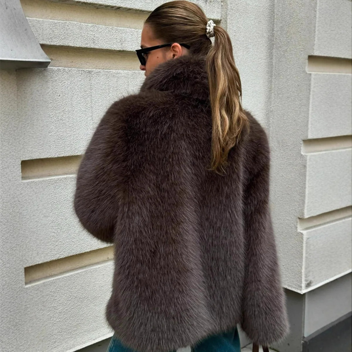 Faux Fox Fur Coats Women Solid Mid Length Jackets Lapel Collar Long Sleeve Furry Outerwear Thick Loose Casual 2025 Autumn Winter
