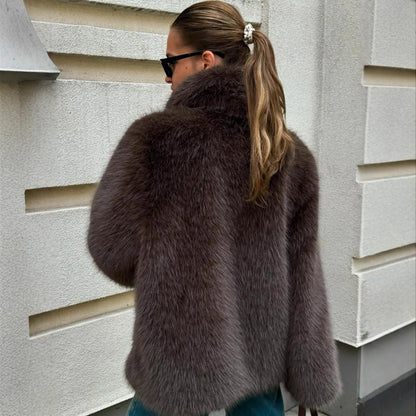 Faux Fox Fur Coats Women Solid Mid Length Jackets Lapel Collar Long Sleeve Furry Outerwear Thick Loose Casual 2025 Autumn Winter
