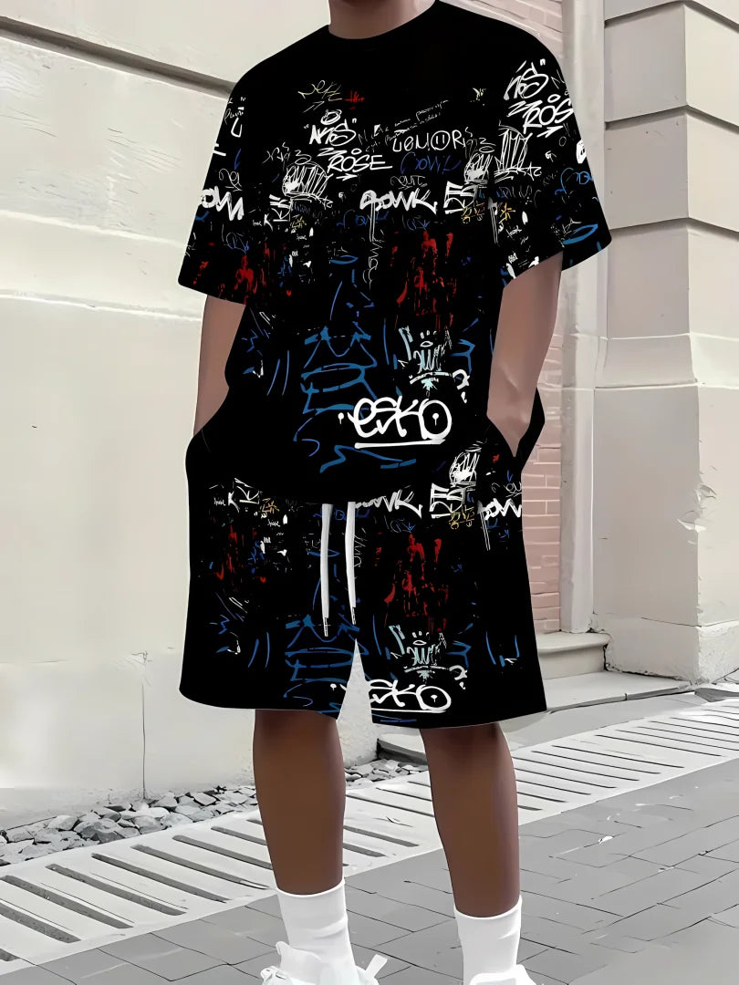 Hot Selling Men's Breathable Casual Short-Sleeved Shorts Set 3D Printed Outdoor Urban Street Top Shorts Casual Two-Piece Set