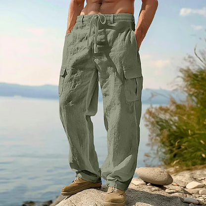 Summer Men'S Cotton And Linen Pants Multiple Pockets Breathable Loose Drawstring Straight Leg Pants Sports And Casual Pants