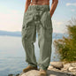Summer Men'S Cotton And Linen Pants Multiple Pockets Breathable Loose Drawstring Straight Leg Pants Sports And Casual Pants