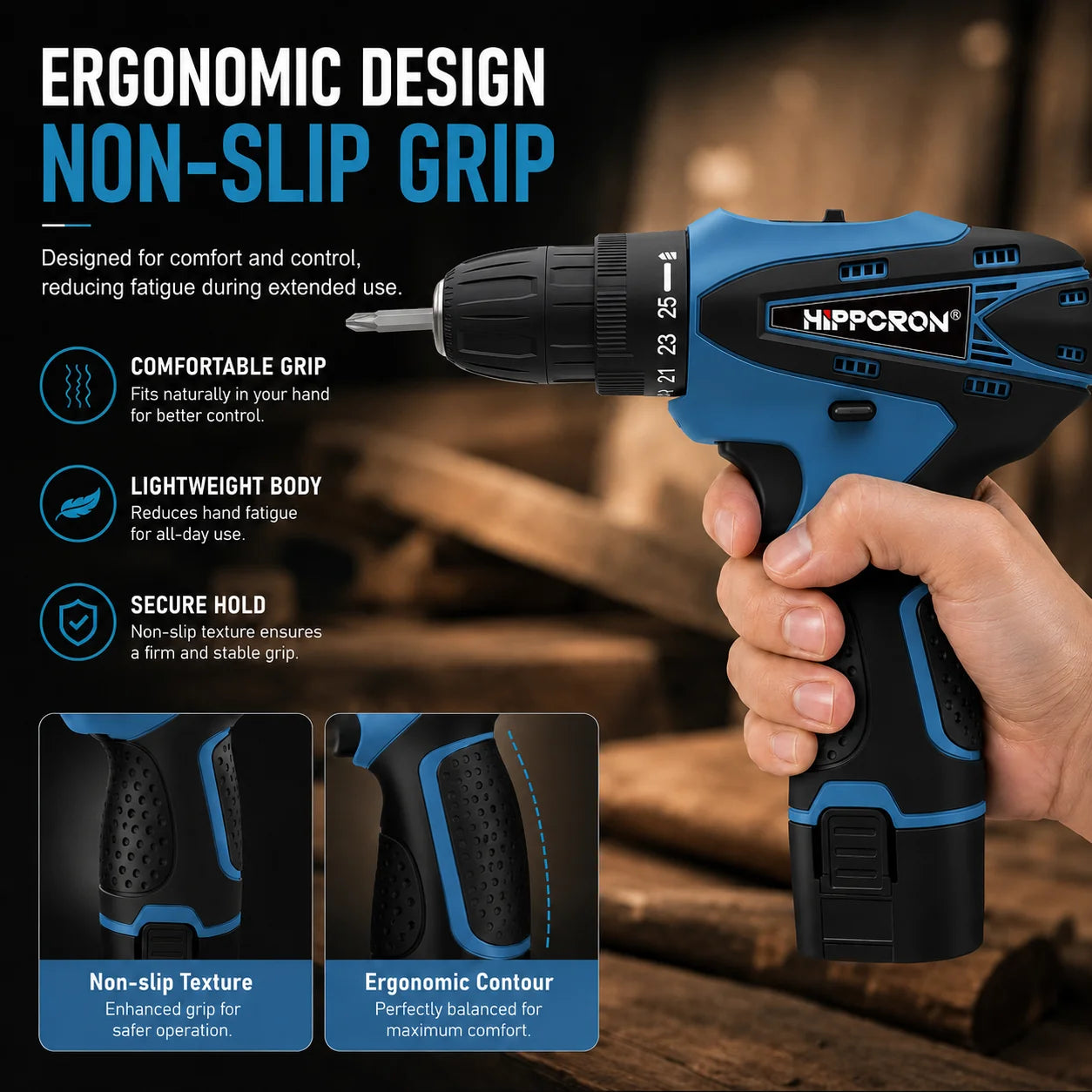 Hippcron 12V Lithium Electric Drill Tapping Cordless Impact Tool Ratchet Set Multifunction Screwdriver Household with 3/8" Chuck