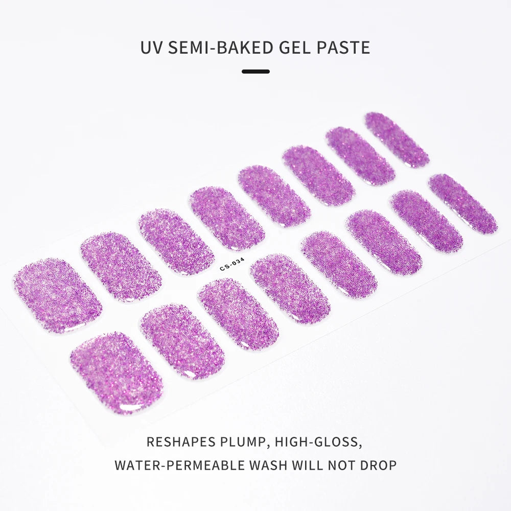 16Tips UV Semi-Cured Gel Nail Wraps Sticker 5D Pure Color Full Cover UV Lamp Gel Sticker Long-Lasting Nail Extension Patch Strip