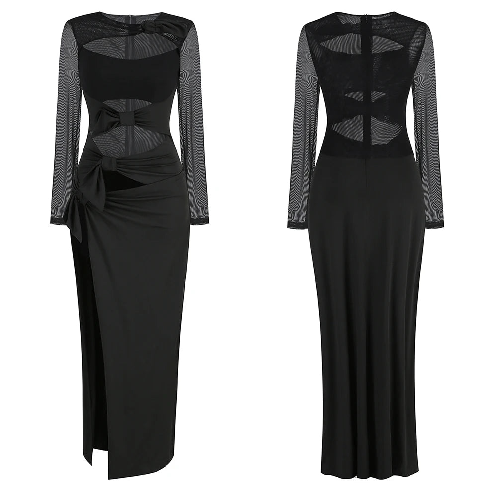 Sexy Hollow Out High Side Split See Through Mesh Long Sleeve Maxi Dress Luxury Brithday Prom Gown Party Club Fashion Dresses