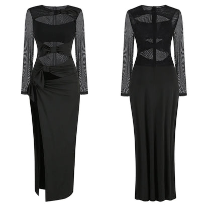 Sexy Hollow Out High Side Split See Through Mesh Long Sleeve Maxi Dress Luxury Brithday Prom Gown Party Club Fashion Dresses