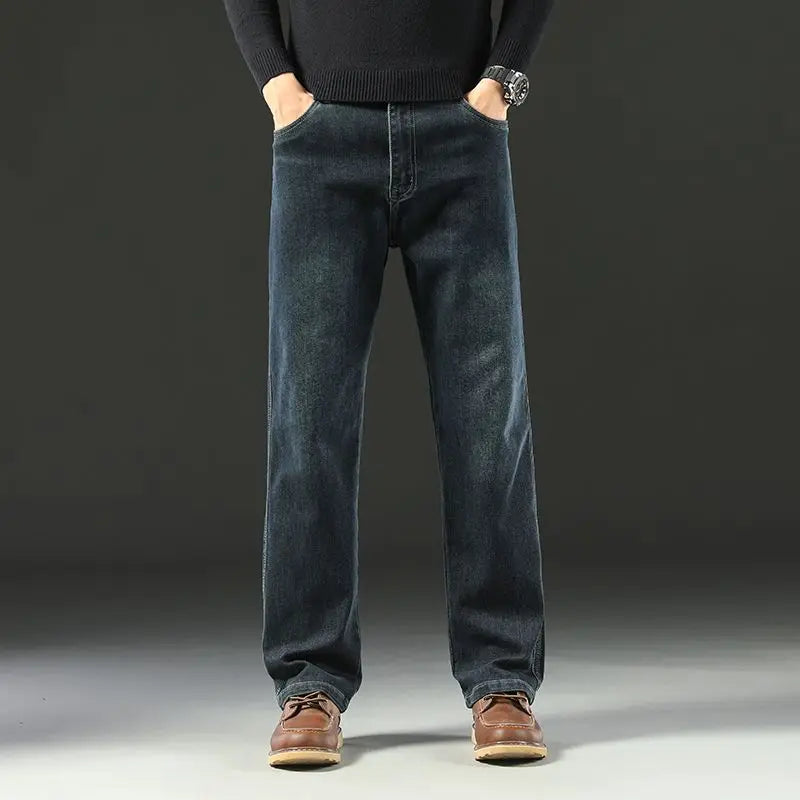 Spring and Autumn Men's Baggy Jeans Casual Straight Stretch Versatile Wide-leg Business Denim Pants Comfortable Loose Trousers