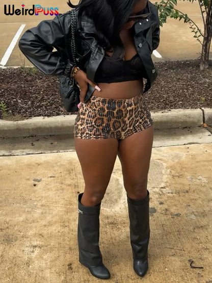 Weird Puss Sexy Sequins Shorts Women Leopard Print Patchwork Wild Skinny Basic Club Street Summer Midnight Sexy Trend Buttoms