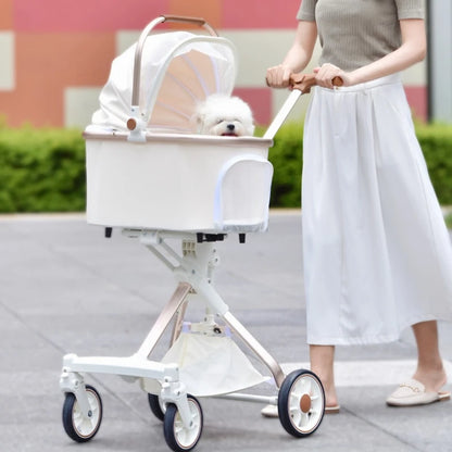 Foldable Dog Stroller Milk White PU Waterproof High Landscape Pet Stroller Outdoor Travel Pet Trolley Bearing Weight 15 KG