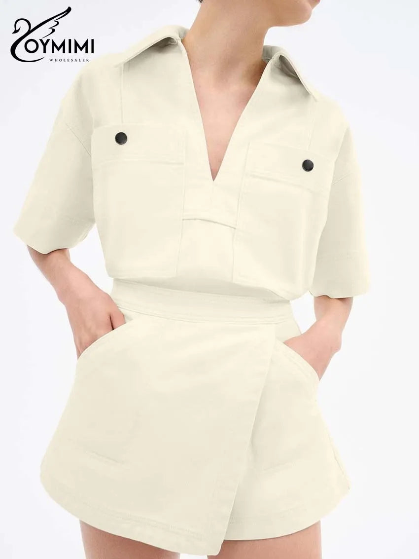 Oymimi Fashion Beige 2 Piece Sets Woman Outfit Elegant Lapel Short Sleeve Pockets Side Slit Shirts And High Waisted Shorts Sets