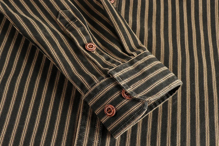 2025 Autumn And Winter New American Retro Stripe Long-Sleeve Lapel Shirt Men's Simple Fashion Washed Multi-pocket Casual Blouses