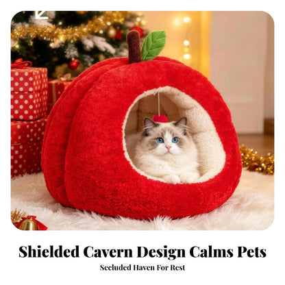 Apple-Shaped Pet Bed Cozy Enclosed Pet Bed with Removable Cushion Hideaway Cat House Warm Cat House with Cushion Soft for Cats