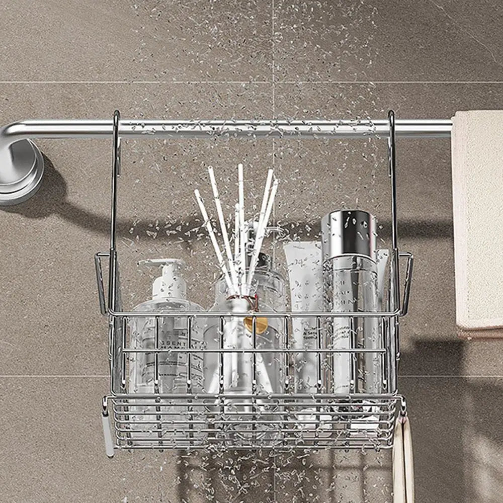 Stainless Steel Bathroom Shelf No-Drill Shower Holder Hanging Organizer Tall-Rail Shower Storage Rack Shower Basket With Hooks