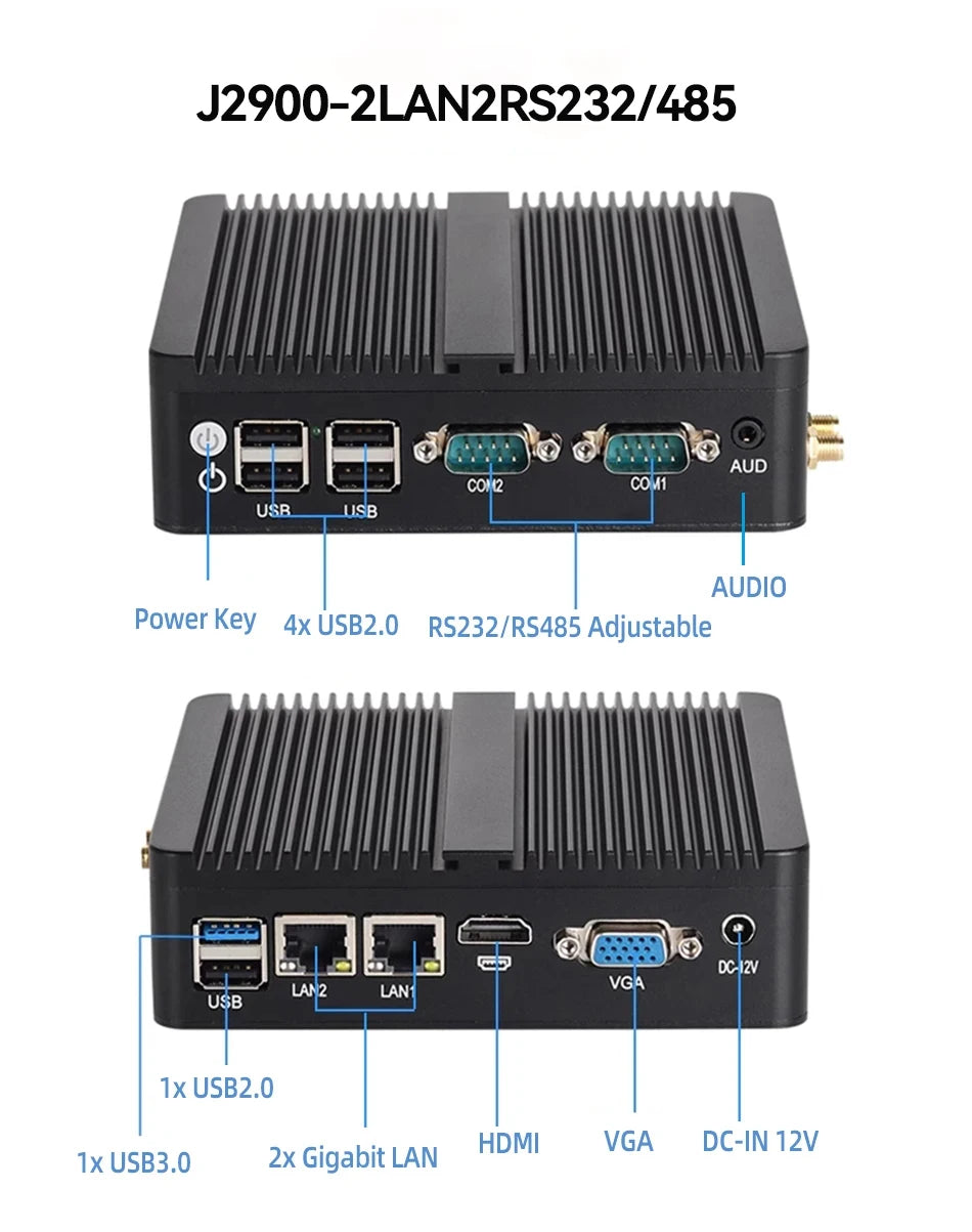 BEBEPC Fanless Industrial Mini PC with Intel Celeron J6412 J1900 Support Linux Computer with 2xRS232/485 2xGbE LAN Win10 Ready
