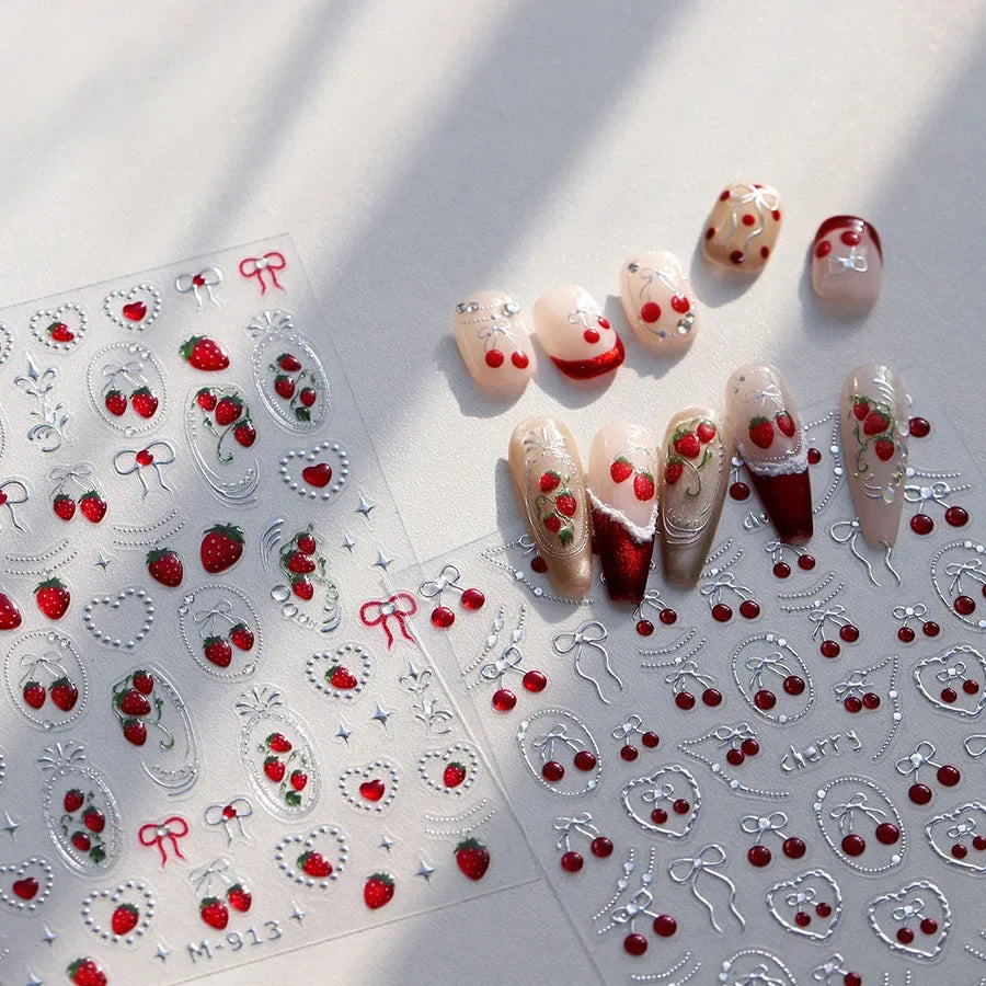 Lovely Red Fruit Strawberry Cherry Bowknot Love Heart Star Silk Ribbon 5D Nail Art Stickers Chic Self Adhesive Manicure Decal