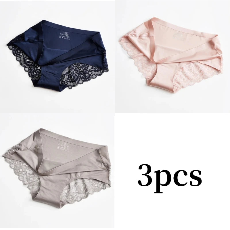 3pcs Lace Women's Panties French Seamless Underwear Female Ice Silk Briefs Solid Color Breathable Underpants Lingerie