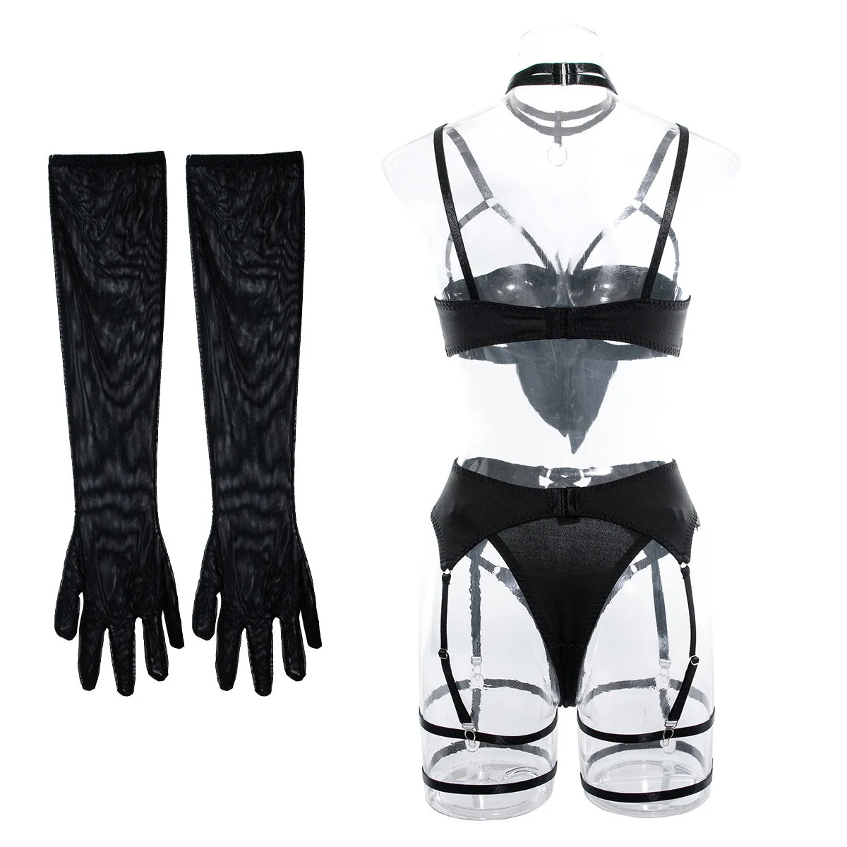 sexy lingerie set Bow bra Black Temptation Bra Set Belt Hollowed Out Gathering Four Piece underwear women Set Erotic Sleepwear